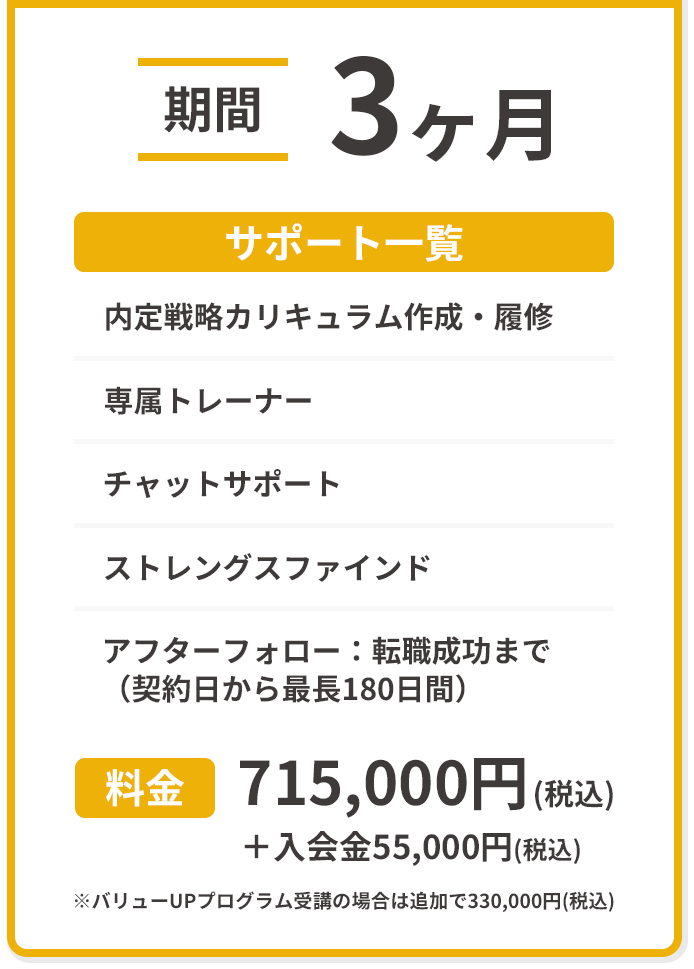 オリジナルカリキュラム作成・履修/専属トレーナー/チャットサポート/ストレングスファインド/論理思考集中講義（適宜）/アフターフォロー：転職成功まで（契約日から最長180日間）