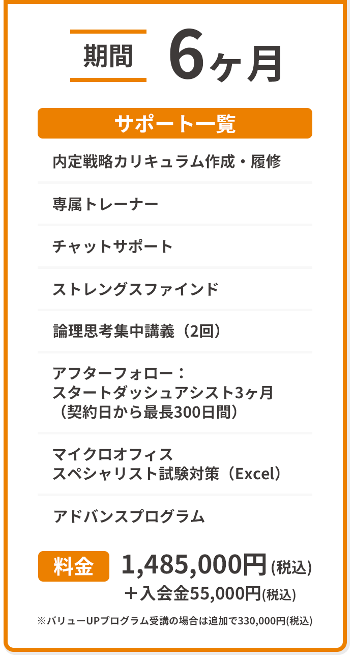 オリジナルカリキュラム作成・履修/専属トレーナー/チャットサポート/ストレングスファインド/論理思考集中講義（2回）/アフターフォロー：スタートダッシュアシスト3ヶ月（契約日から最長300日間）/マイクロオフィススペシャリスト試験対策（Excel）：エキスパート試験/アドバンスプログラム